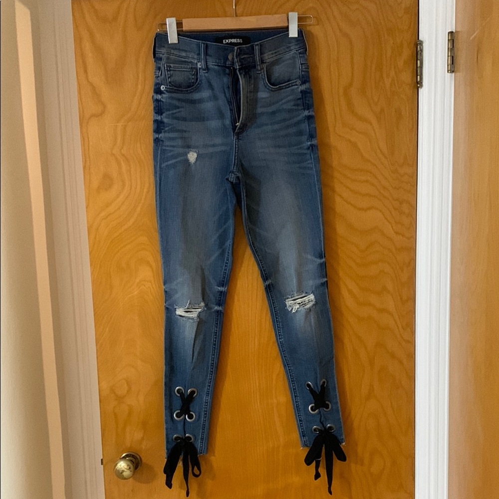 Express Blue Skinny Jeans with Distressed Details
